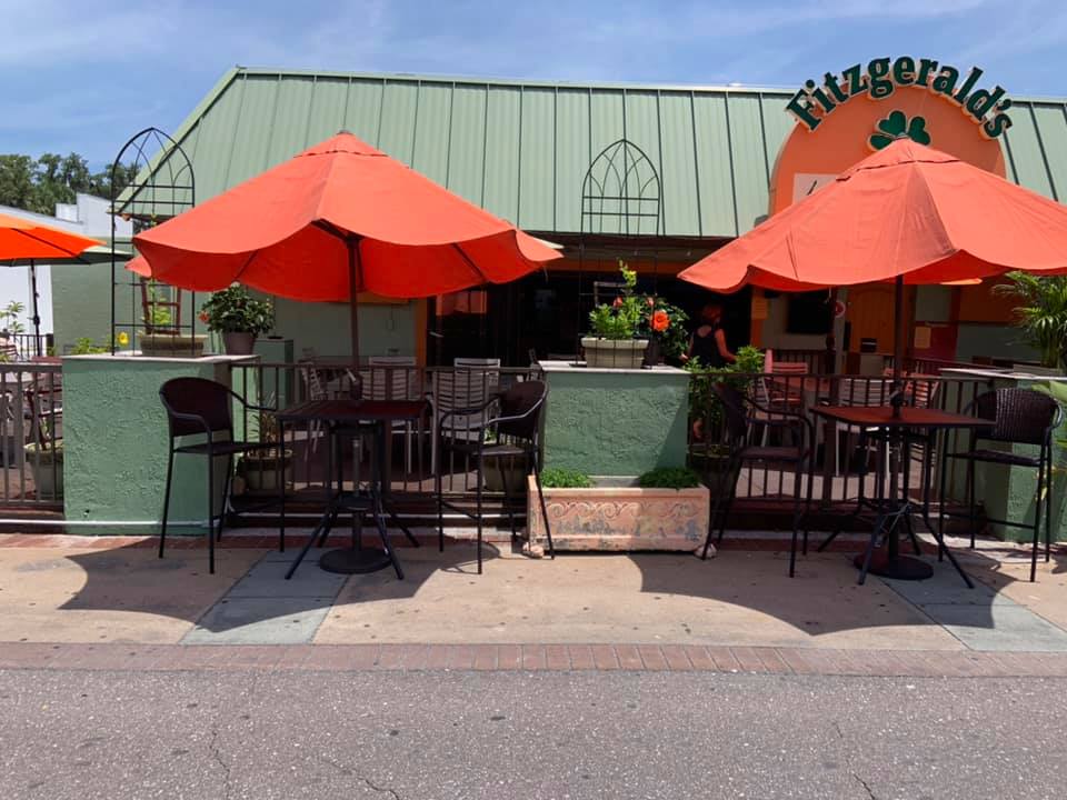 Front of the Fitzgerald's Irish Tavern building in downtown New Port Richey showing the iconic logo sign